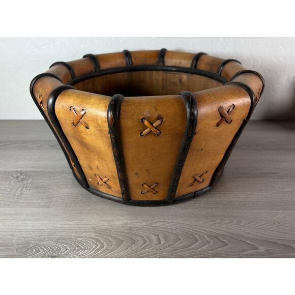Vintage Rustic Wood & Leather Laced Basket Handcrafted Planter Bowl 16” Diameter - Picture 1 of 7